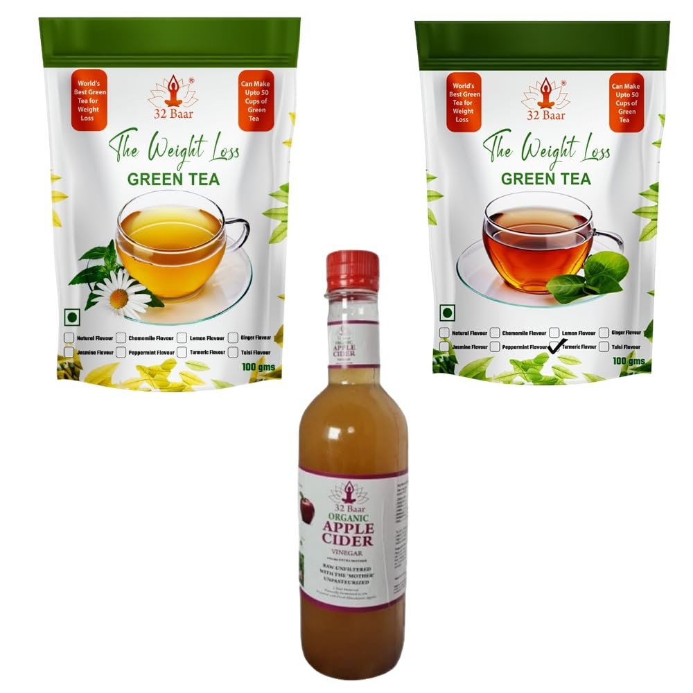 32 Baar Chamomile & Turmeric Flavoured Tea + Apple Cider Vinegar Combo | Green Tea & Organic Apple Cider Vinegar | Antioxidant-Rich