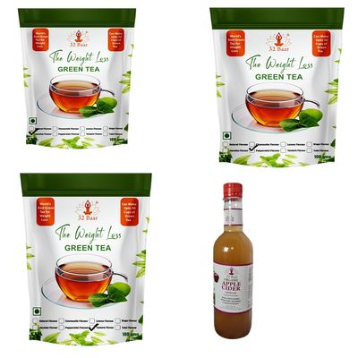 32 Baar Lemon & Ginger & Turmeric Flavoured Tea + Apple Cider Vinegar Combo | Green Tea & Organic Apple Cider Vinegar | Antioxidant-Rich
