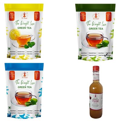 32 Baar Lemon & Jasmine & Turmeric Flavoured Tea + Apple Cider Vinegar Combo | Green Tea & Organic Apple Cider Vinegar | Antioxidant-Rich