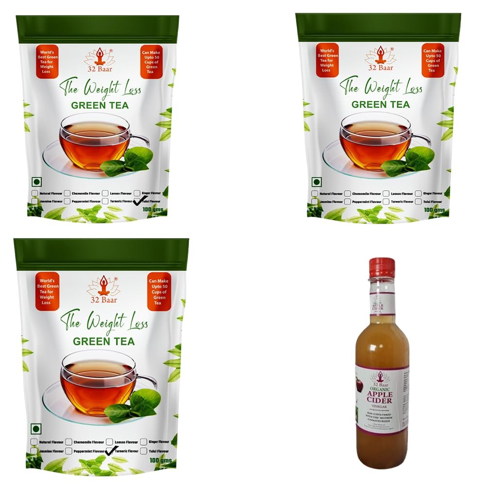 32 Baar Lemon & Natural & Turmeric Flavoured Tea + Apple Cider Vinegar Combo | Green Tea & Organic Apple Cider Vinegar | Antioxidant-Rich