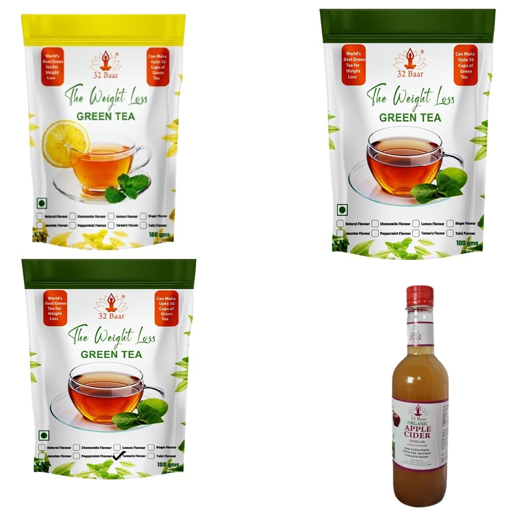 32 Baar Tulsi & Jasmine & Turmeric Flavoured Tea + Apple Cider Vinegar Combo | Green Tea & Organic Apple Cider Vinegar | Antioxidant-Rich