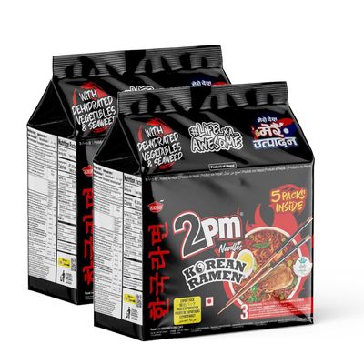 2PM - Korean Ramen Noodles - Including Dehydrated Vegetables & Seaweed - Instant 2X Spicy Ramen - 5 packet family Pack - Pack of 2