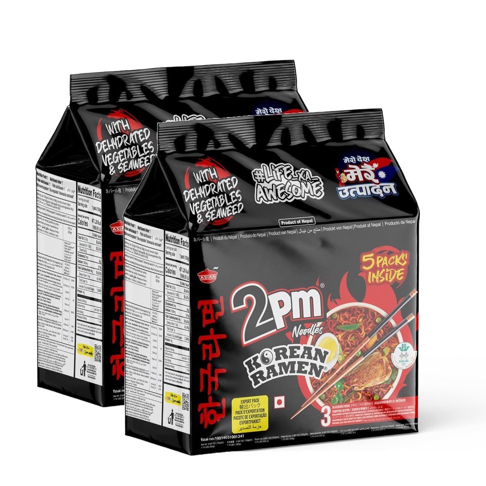 2PM - Korean Ramen Noodles - Including Dehydrated Vegetables & Seaweed - Instant 2X Spicy Ramen - 5 packet family Pack - Pack of 2