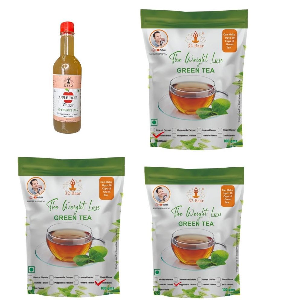 32 Baar Tulsi & Peppermint & Jasmine Flavoured Tea + Apple Cider Vinegar Combo | Green Tea & Organic Apple Cider Vinegar | Antioxidant-Rich