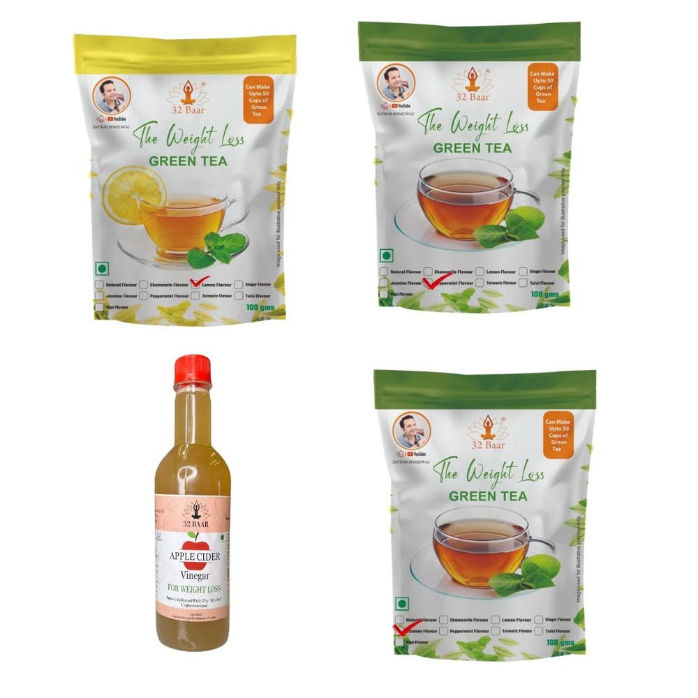 32 Baar Lemon & Peppermint & Jasmine Flavoured Tea + Apple Cider Vinegar Combo | Green Tea & Organic Apple Cider Vinegar | Antioxidant-Rich