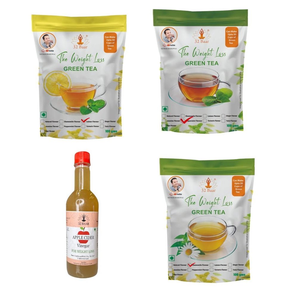 32 Baar Chamomile & Lemon & Peppermint Flavoured Tea + Apple Cider Vinegar Combo | Green Tea & Organic Apple Cider Vinegar | Antioxidant-Rich