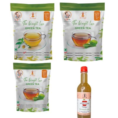 32 Baar Chamomile & Natural & Jasmine Flavoured Tea + Apple Cider Vinegar Combo | Green Tea & Organic Apple Cider Vinegar | Antioxidant-Rich