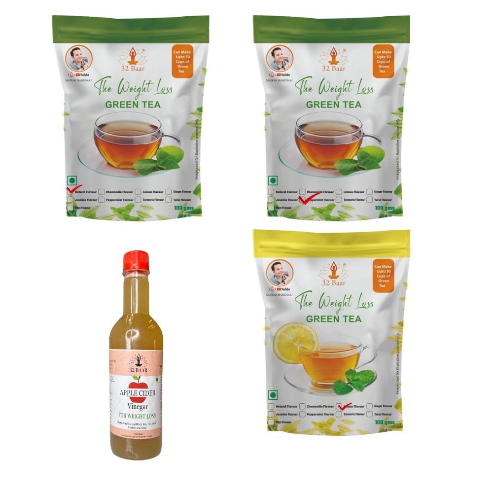 32 Baar Lemon & Natural & Peppermint Flavoured Tea + Apple Cider Vinegar Combo | Green Tea & Organic Apple Cider Vinegar | Antioxidant-Rich