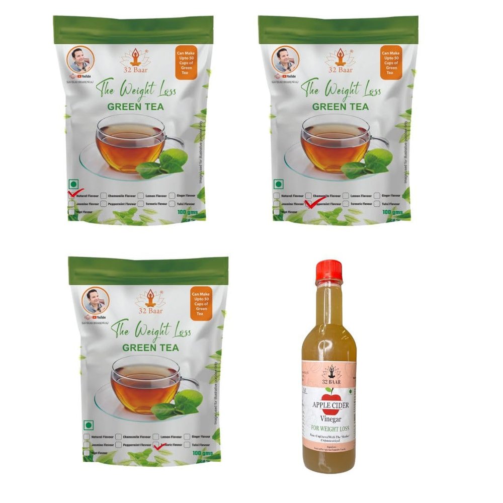 32 Baar Natural & Peppermint & Turmeric Flavoured Tea + Apple Cider Vinegar Combo | Green Tea & Organic Apple Cider Vinegar | Antioxidant-Rich