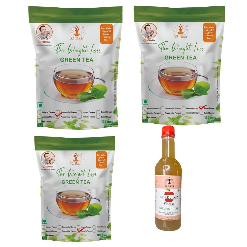 32 Baar Ginger & Peppermint & Turmeric Flavoured Tea + Apple Cider Vinegar Combo | Green Tea & Organic Apple Cider Vinegar | Antioxidant-Rich