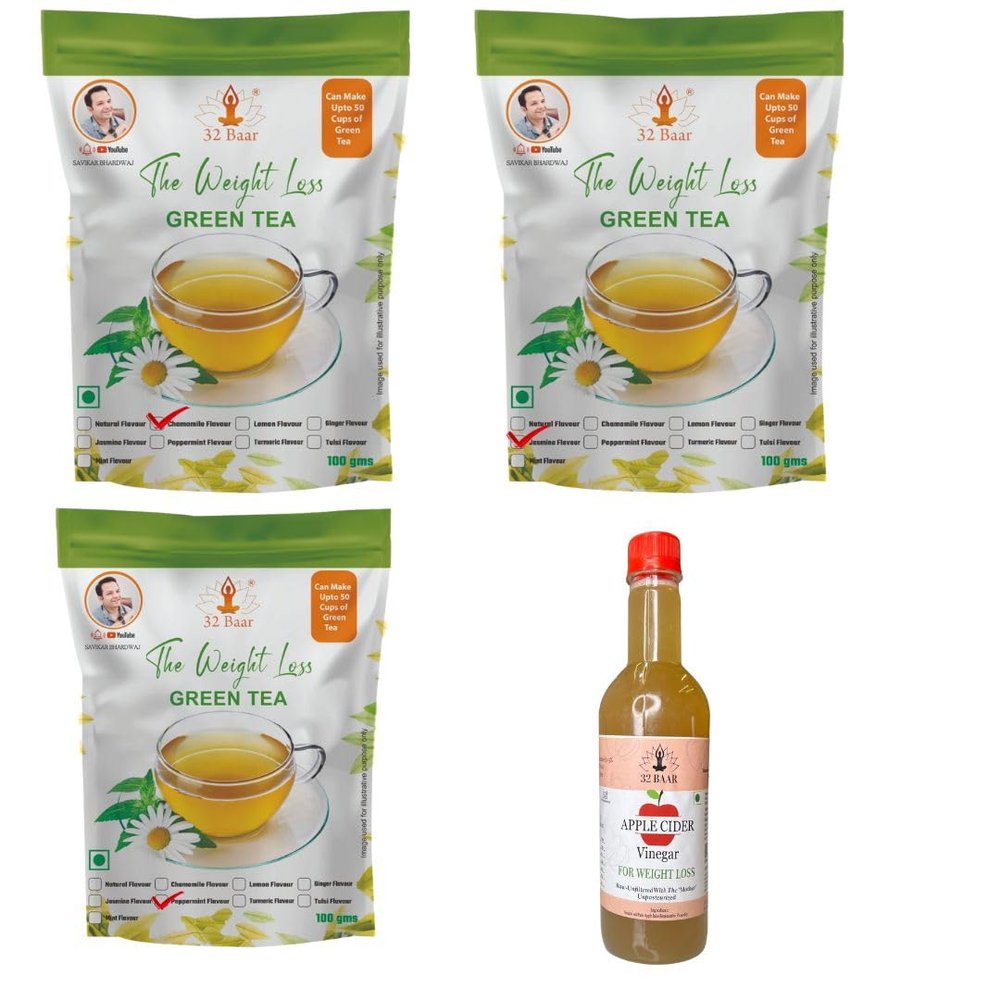 32 Baar Chamomile & Ginger & Jasmine Flavoured Tea + Apple Cider Vinegar Combo | Green Tea & Organic Apple Cider Vinegar | Antioxidant-Rich