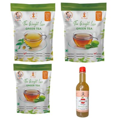 32 Baar Chamomile & Ginger & Turmeric Flavoured Tea + Apple Cider Vinegar Combo | Green Tea & Organic Apple Cider Vinegar | Antioxidant-Rich