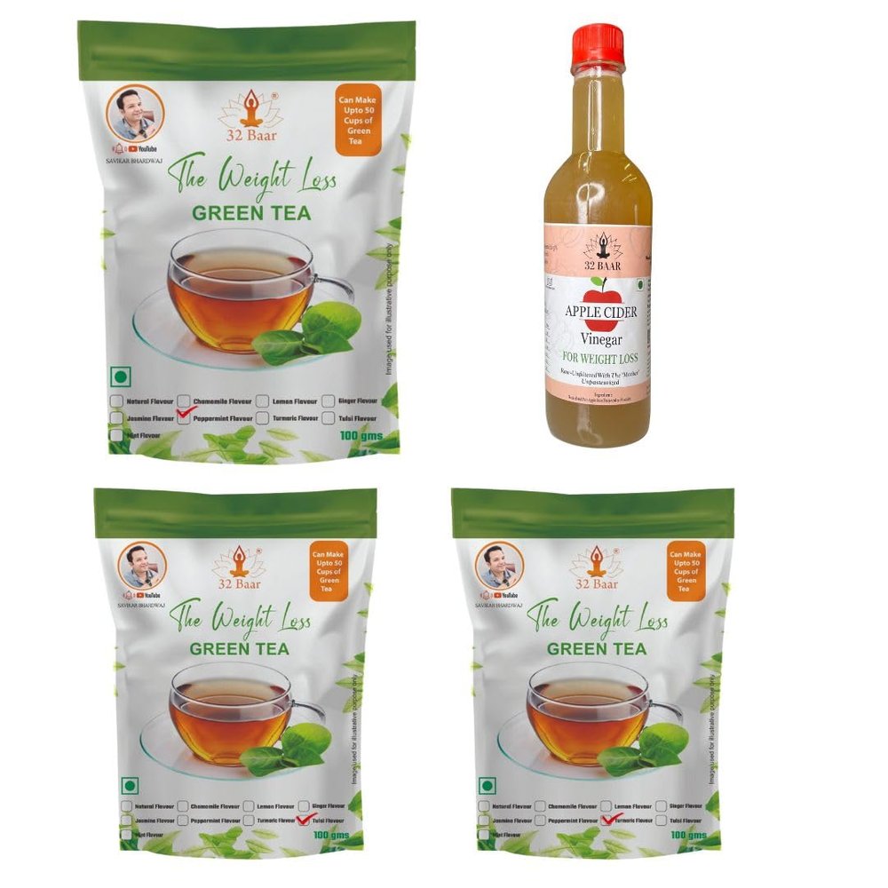 32 Baar Tulsi & Peppermint & Turmeric Flavoured Tea + Apple Cider Vinegar Combo | Green Tea & Organic Apple Cider Vinegar | Antioxidant-Rich