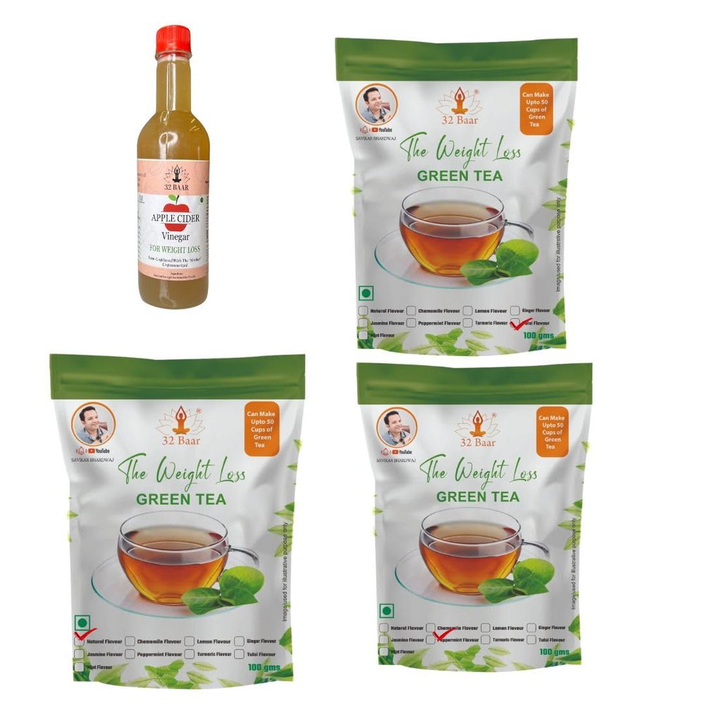 32 Baar Tulsi & Natural & Peppermint Flavoured Tea + Apple Cider Vinegar Combo | Green Tea & Organic Apple Cider Vinegar | Antioxidant-Rich