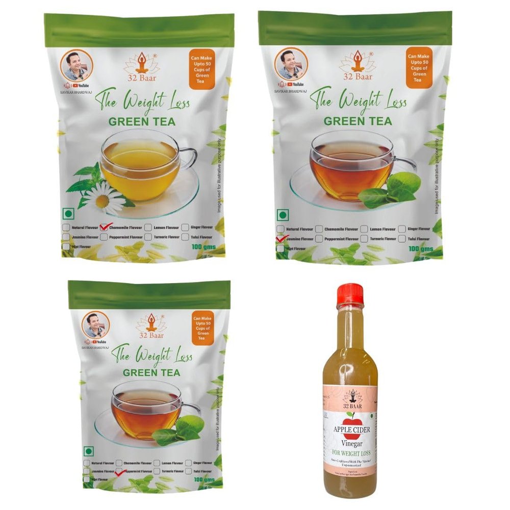 32 Baar Chamomile & Peppermint & Jasmine Flavoured Tea + Apple Cider Vinegar Combo | Green Tea & Organic Apple Cider Vinegar | Antioxidant-Rich