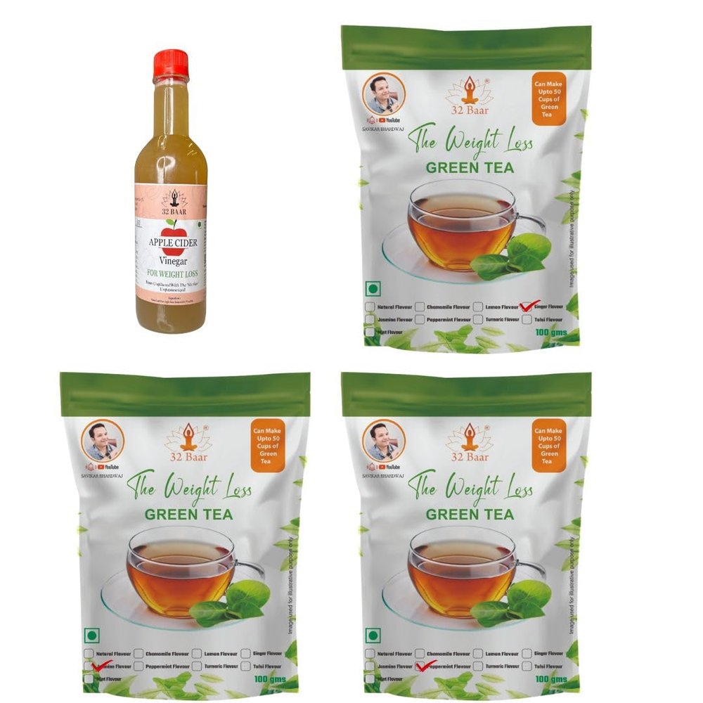 32 Baar Ginger & Peppermint & Jasmine Flavoured Tea + Apple Cider Vinegar Combo | Green Tea & Organic Apple Cider Vinegar | Antioxidant-Rich