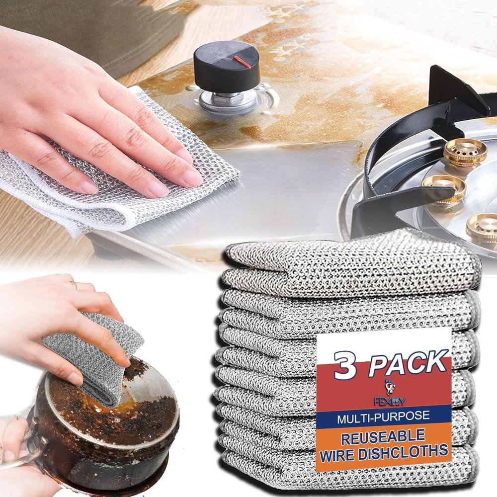 FEXMY Multipurpose Wire Dishwashing Rags for Wet and Dry - Stainless Steel Scrubber, Non-Scratch Wire Dishcloth for Washing Dishes, Sinks, Counters - Easy Rinsing, Machine Washable (Pack of 3 pcs)