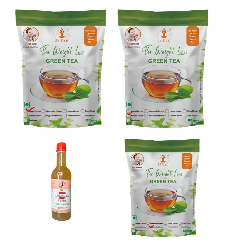 32 Baar Natural & Peppermint & Jasmine Flavoured Tea + Apple Cider Vinegar Combo | Green Tea & Organic Apple Cider Vinegar | Antioxidant-Rich