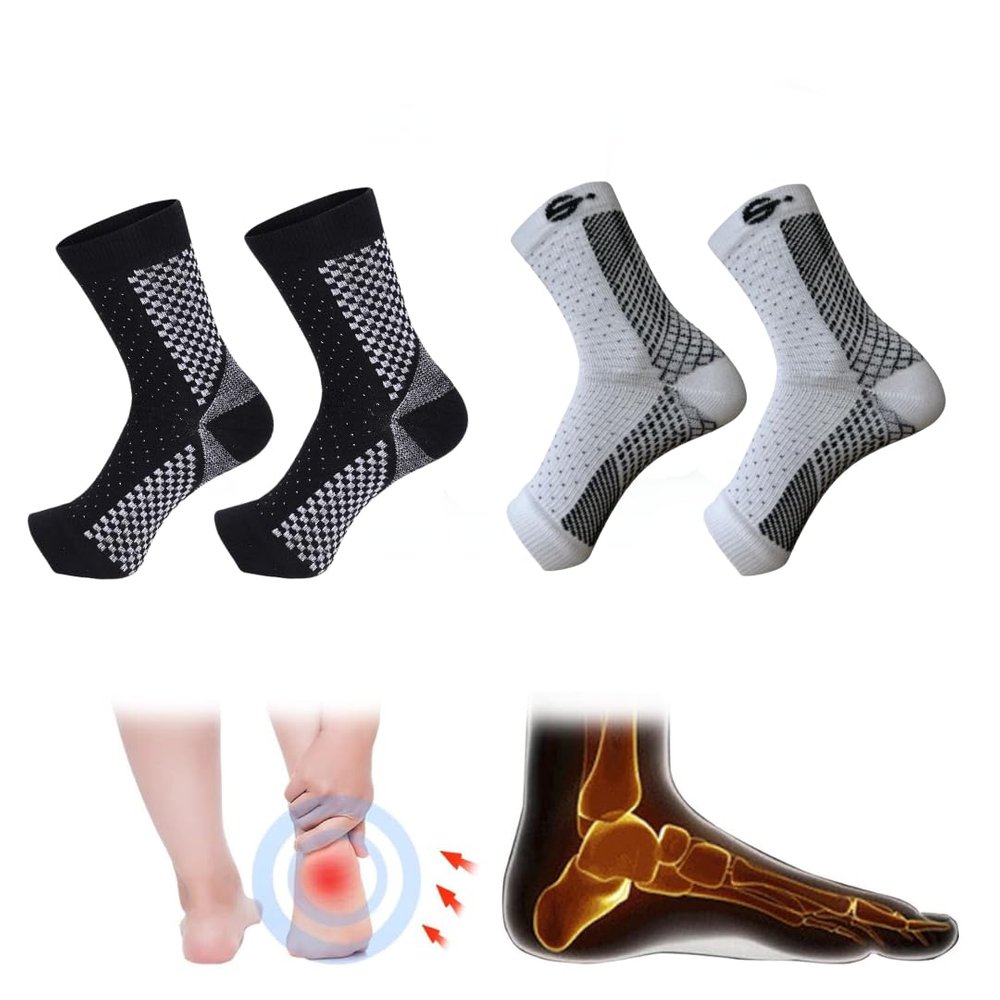 Compression Socks | Bamboo Cotton | Open Toe| Women & Men | Nano Compression Socks for Neuropathy | Arch Support | Ankle & Foot Swelling | Black, White | Pack of 2