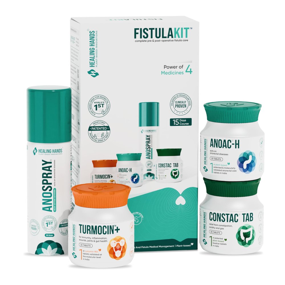 Healing Hands FistulaKit Post-Op Anal Fistula Care Kit 15 Days, AnoSpray + Turmocin Plus + Anoac-H + ConstacTab, Patented Plant Based Anal Fistula Solution, Clinically Proven, Herbal & Natural