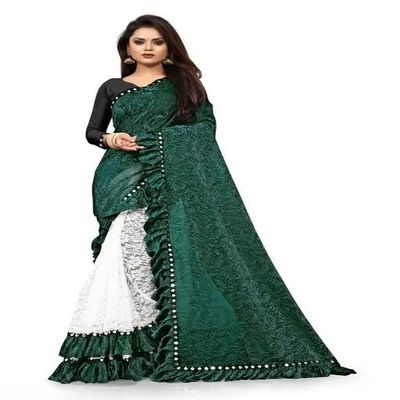 NILKANTHVARNI CREATION Women's Premium Lycra Rasal Net Half & Half Saree With Blouse (Green)