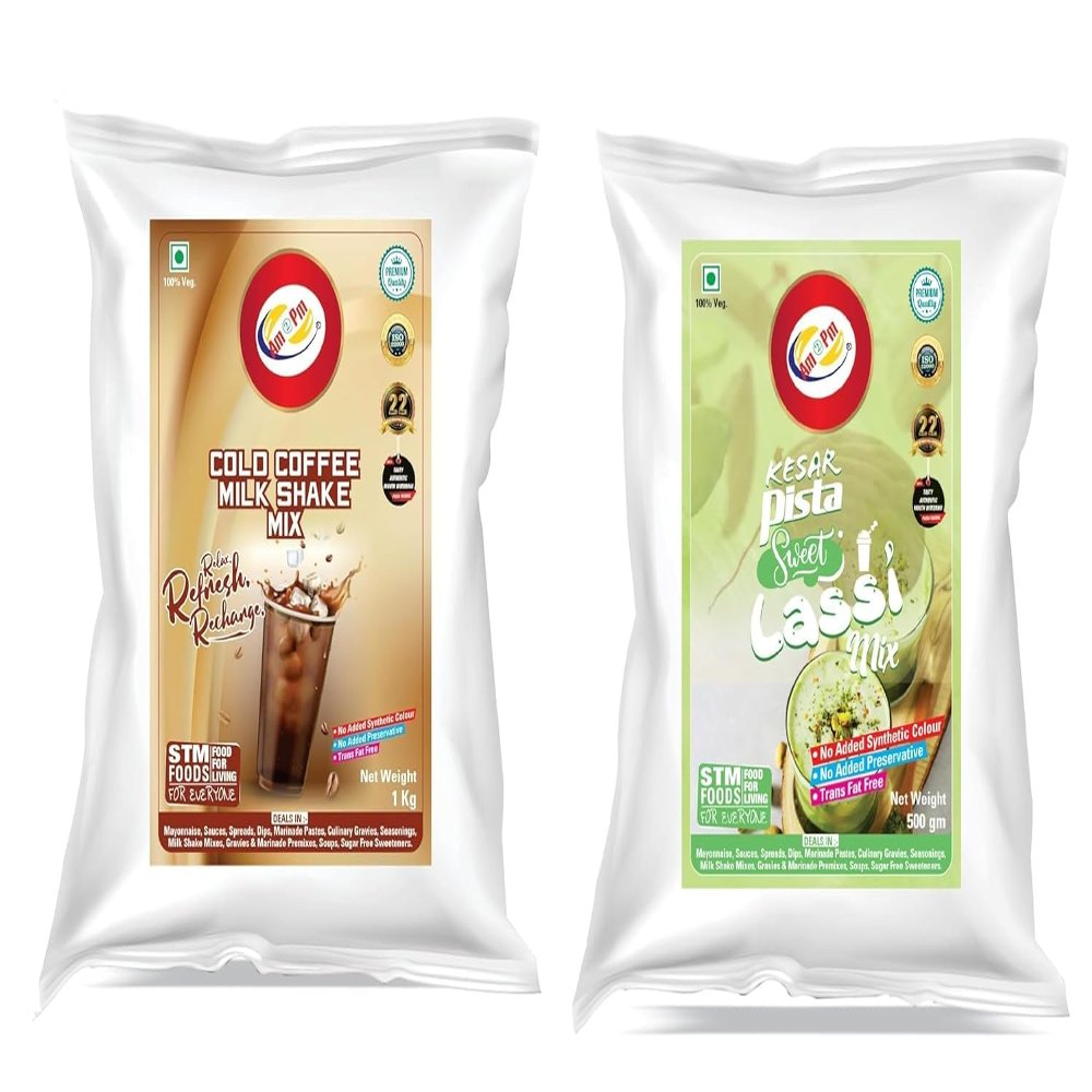 Am 2 Pm - Milk Shake Mix Powder 1 Kg | Flavoured Lassi Mix Powder 500g, Silky Smoothy Instant Premix Powder - Refreshing Drink For Summer - Pack of 2 (ColdCoffee Milkshake+Keshar Pista Lassi)