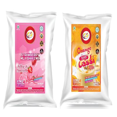 Am 2 Pm - Milk Shake Mix Powder 1 Kg | Flavoured Lassi Mix Powder 500g, Silky Smoothy Instant Premix Powder - Refreshing Drink For Summer - Pack of 2 (Strawberry Milkshake + Orange Lassi Mix)