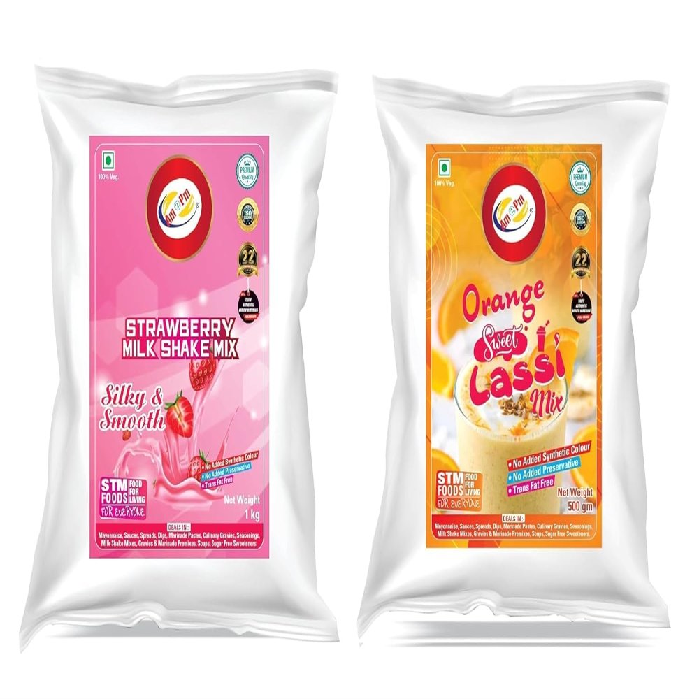 Am 2 Pm - Milk Shake Mix Powder 1 Kg | Flavoured Lassi Mix Powder 500g, Silky Smoothy Instant Premix Powder - Refreshing Drink For Summer - Pack of 2 (Strawberry Milkshake + Orange Lassi Mix)