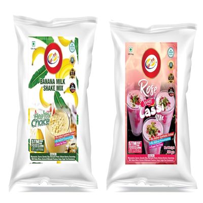 Am 2 Pm - Milk Shake Mix Powder 1 Kg | Flavoured Lassi Mix Powder 500g, Silky Smoothy Instant Premix Powder - Refreshing Drink For Summer - Pack of 2 (Banana Milk Shake + Rose Mix Lassi)