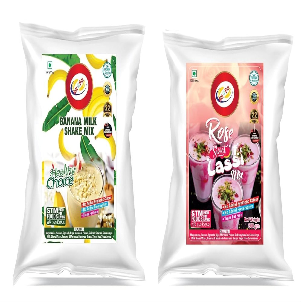 Am 2 Pm - Milk Shake Mix Powder 1 Kg | Flavoured Lassi Mix Powder 500g, Silky Smoothy Instant Premix Powder - Refreshing Drink For Summer - Pack of 2 (Banana Milk Shake + Rose Mix Lassi)