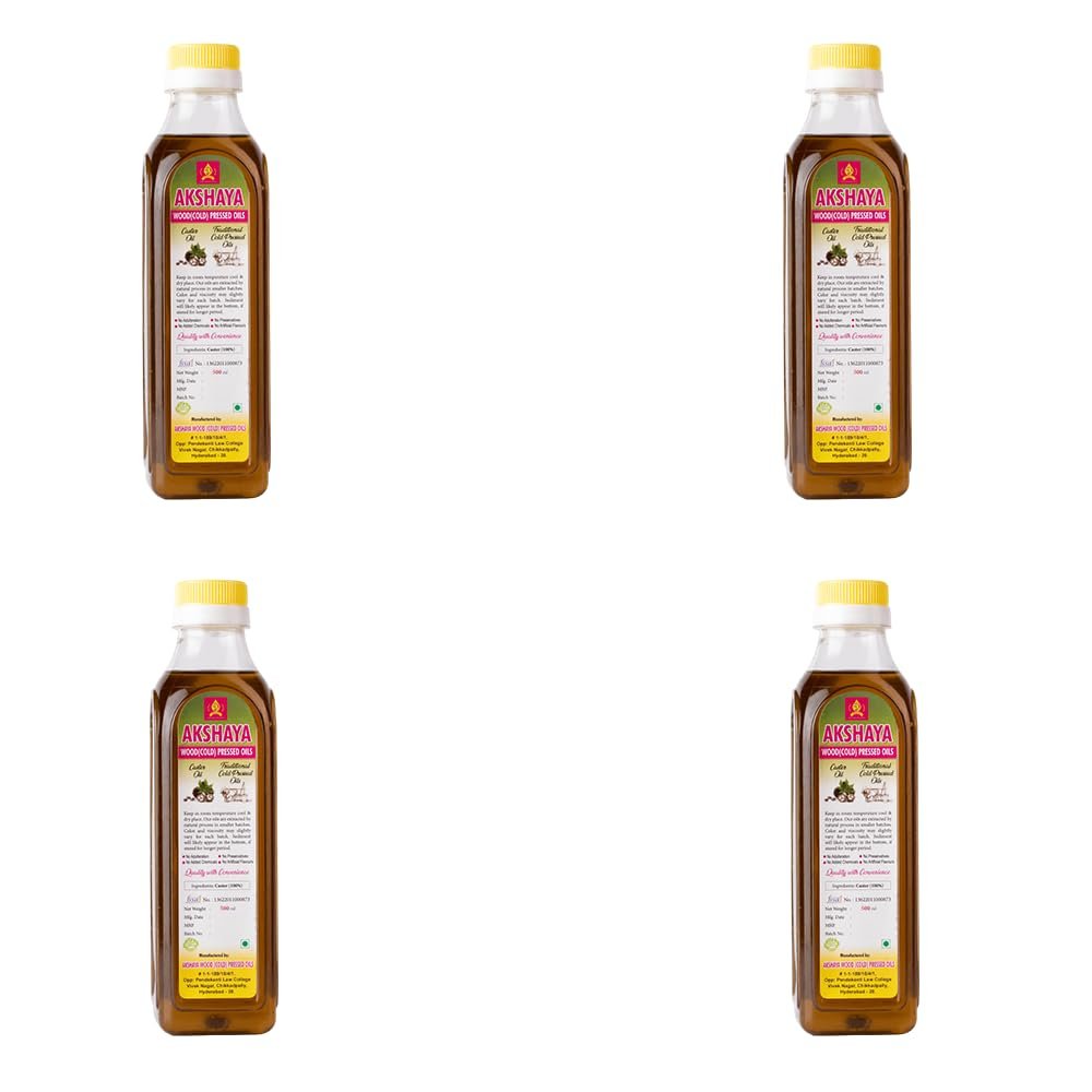 AKSHAYA Wood Cold Pressed Castor Oil | Vanta Aamudamu Tel | Traditional Wooden Extraction for Hair Massage Skin Care Cooking | Natural Edible Oil | Plastic Jar | 500ml Each | Pack of 4