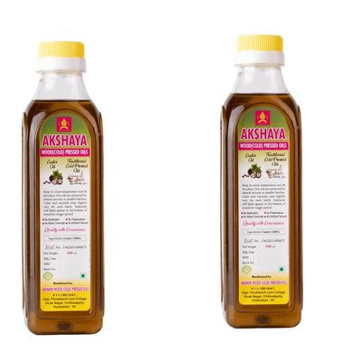 AKSHAYA Wood Cold Pressed Castor Oil | Vanta Aamudamu Tel | Traditional Wooden Extraction for Hair Massage Skin Care Daily Use | Natural Edible Oil | Plastic Jar | 500ml Each | Pack of 2