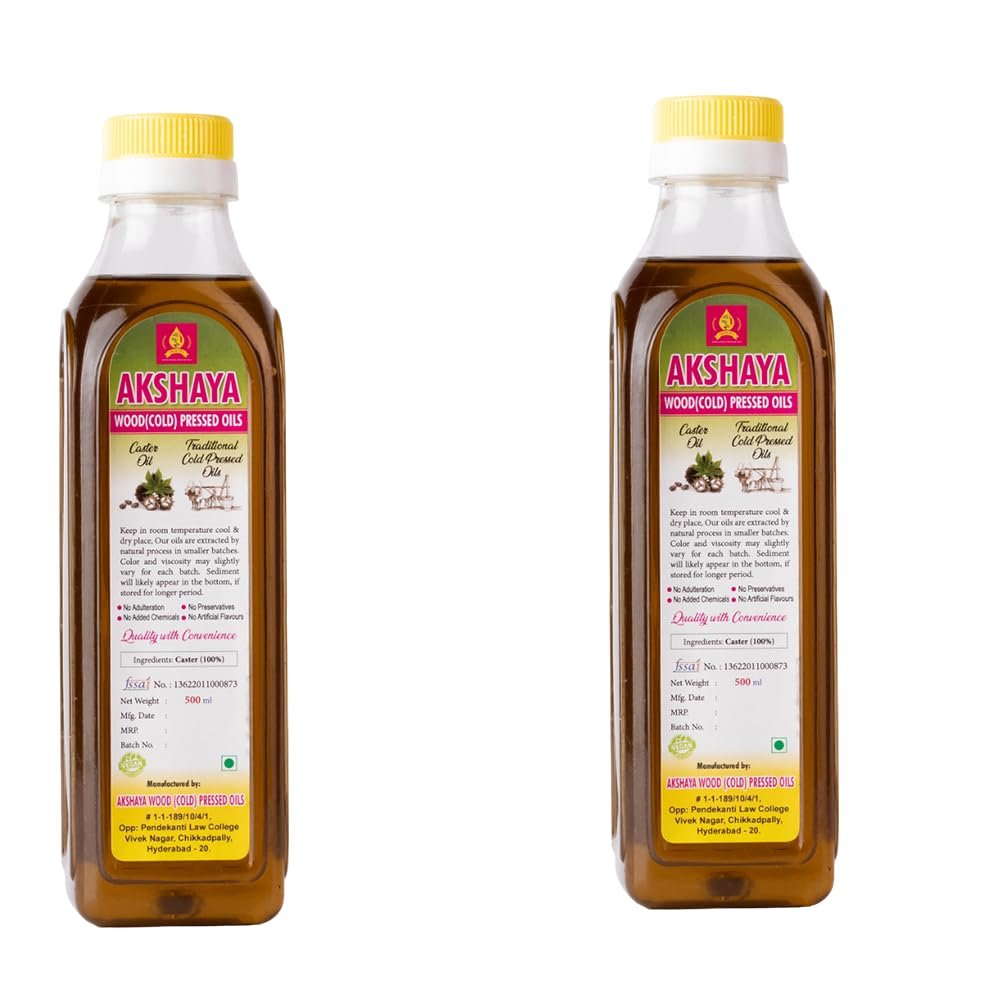 AKSHAYA Wood Cold Pressed Castor Oil | Vanta Aamudamu Tel | Traditional Wooden Extraction for Hair Massage Skin Care Daily Use | Natural Edible Oil | Plastic Jar | 500ml Each | Pack of 2