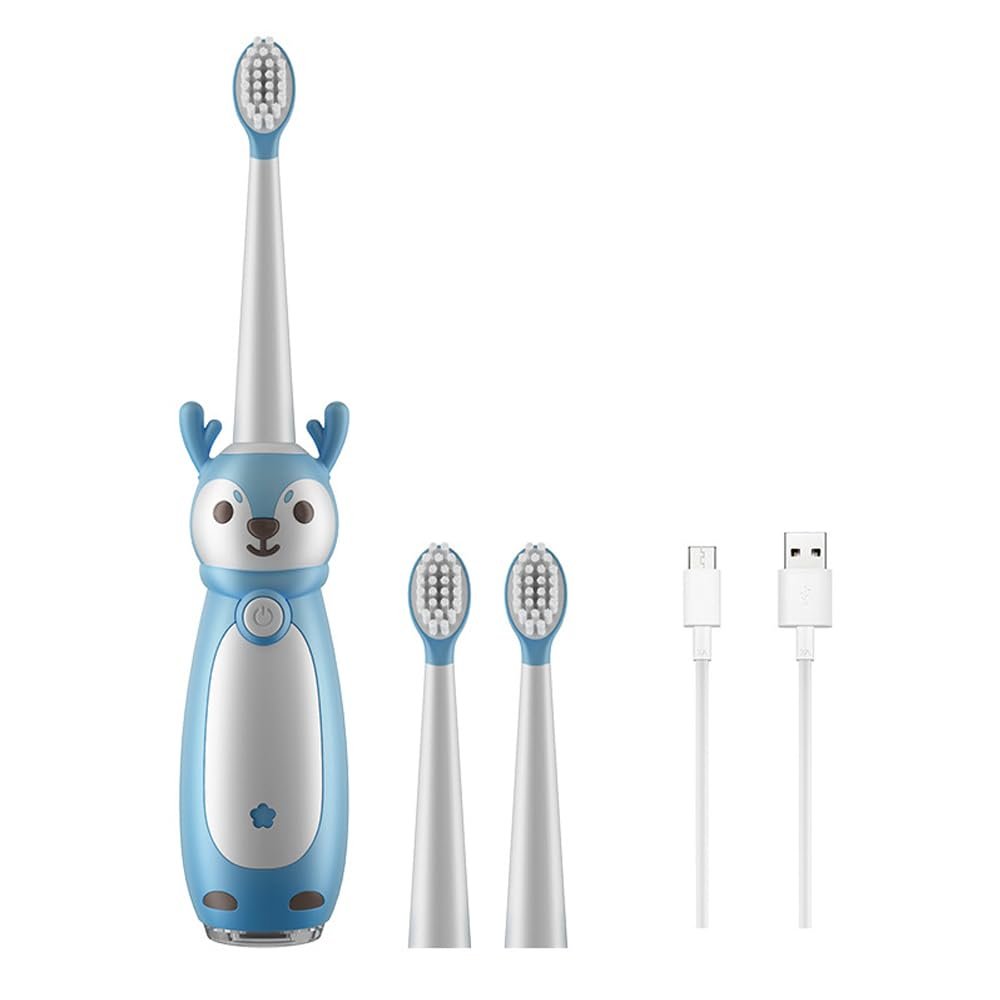 Baby Bucket Kids Electric Toothbrush for Ages 3+, IPX7 Waterproof, Rechargeable, 3 Smart Modes with Memory, Includes 3 Replacement Brush Heads (Blue)