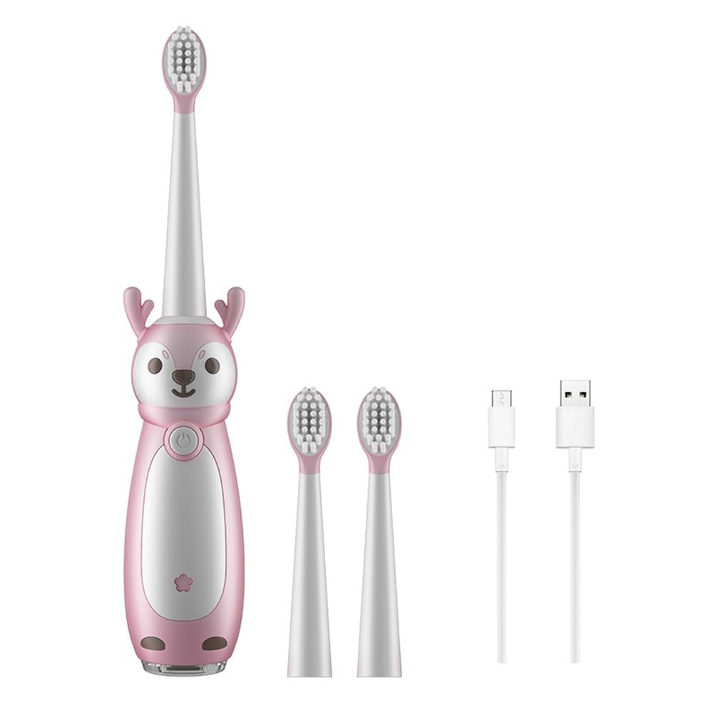 Baby Bucket Kids Electric Toothbrush for Ages 3+, IPX7 Waterproof, Rechargeable, 3 Smart Modes with Memory, Includes 3 Replacement Brush Heads-Pink)