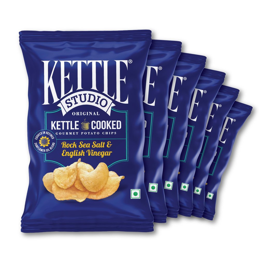 Kettle Studio | Kettle-Cooked Potato Chips Rock Sea Salt & English Vinegar | Thick Cut, Crunchy, Gluten-Free Snack | Party & Movie Night Snacks | 120g Pack of 6