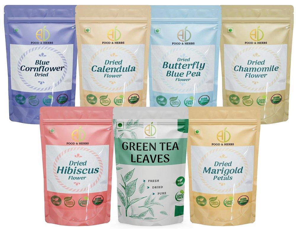 A D FOOD & HERBS A D Food & Herbs Combo of Green Tea Leaves & Lavender, Marigold, Hibiscus, Blue Corn Flower, Chamomile, Calendula - All Natural Flavour, Zero Calories (50 GMS x Pack of 7)