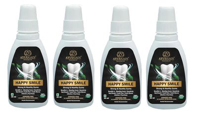 AYUUGAIN Happy Smile Herbal Gum Paint for Bleeding Gums, Sensitive Teeth, Bad Breath, Tooth Pain, Swollen Gums, Ayurvedic Toothache Medicine with Clove Oil & 15 Herbs, 30 ml, Pack of 4