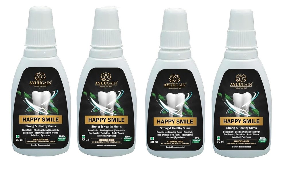 AYUUGAIN Happy Smile Herbal Gum Paint for Bleeding Gums, Sensitive Teeth, Bad Breath, Tooth Pain, Swollen Gums, Ayurvedic Toothache Medicine with Clove Oil & 15 Herbs, 30 ml, Pack of 4