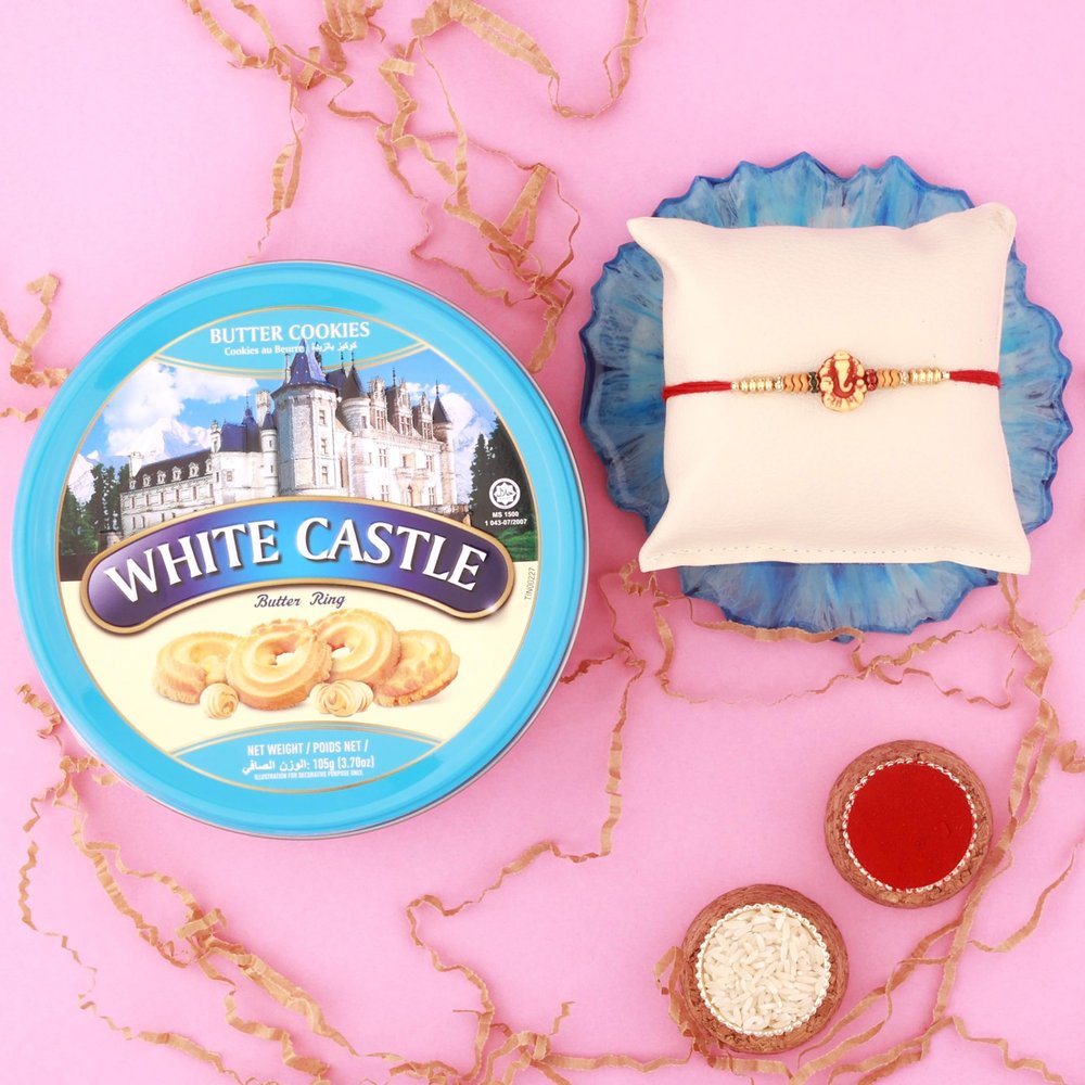 SFU E Com White Castle'S Special Butter Cookies And Sacred Ganesha Devotional Rakhi | Rakhi Gift For Brother | Rakhi Chocolate Gift | 003