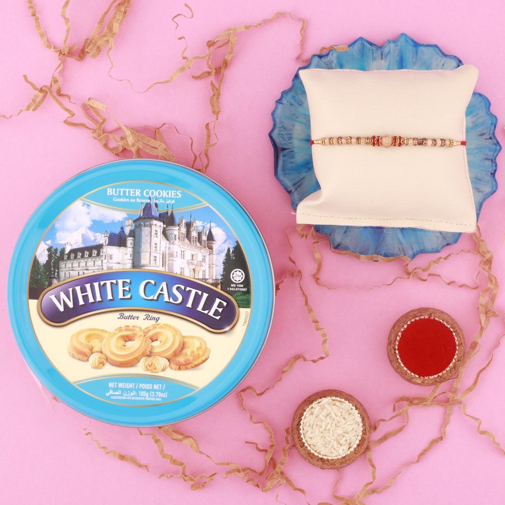 SFU E Com White Castle Crunchy Cookies And Premium Wooden Rakhi | Rakhi Gift For Brother | Rakhi Chocolate Gift | 047