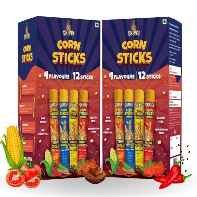 Skippi Cornsticks Korean Snacks Combo - No Palm Oil Snacks | All in One Namkeen Snacks | Gluten Free Snacks Combo 4 flavours (3 Sweet Puffcorn, 3 Magic Masala, 3 Tangy Tomato & 3 Thai Chilli) 2 Pack