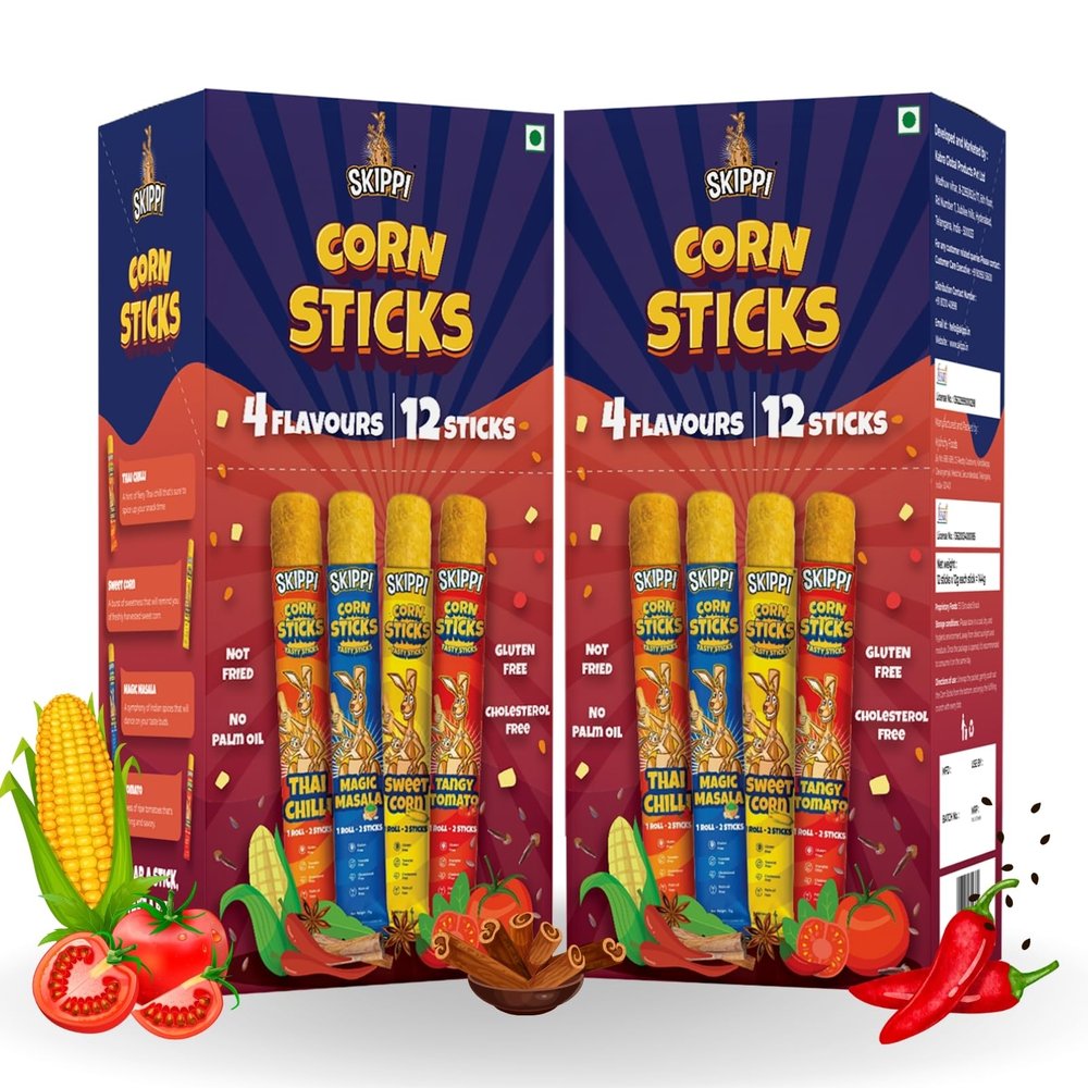 Skippi Cornsticks Korean Snacks Combo - No Palm Oil Snacks | All in One Namkeen Snacks | Gluten Free Snacks Combo 4 flavours (3 Sweet Puffcorn, 3 Magic Masala, 3 Tangy Tomato & 3 Thai Chilli) 2 Pack