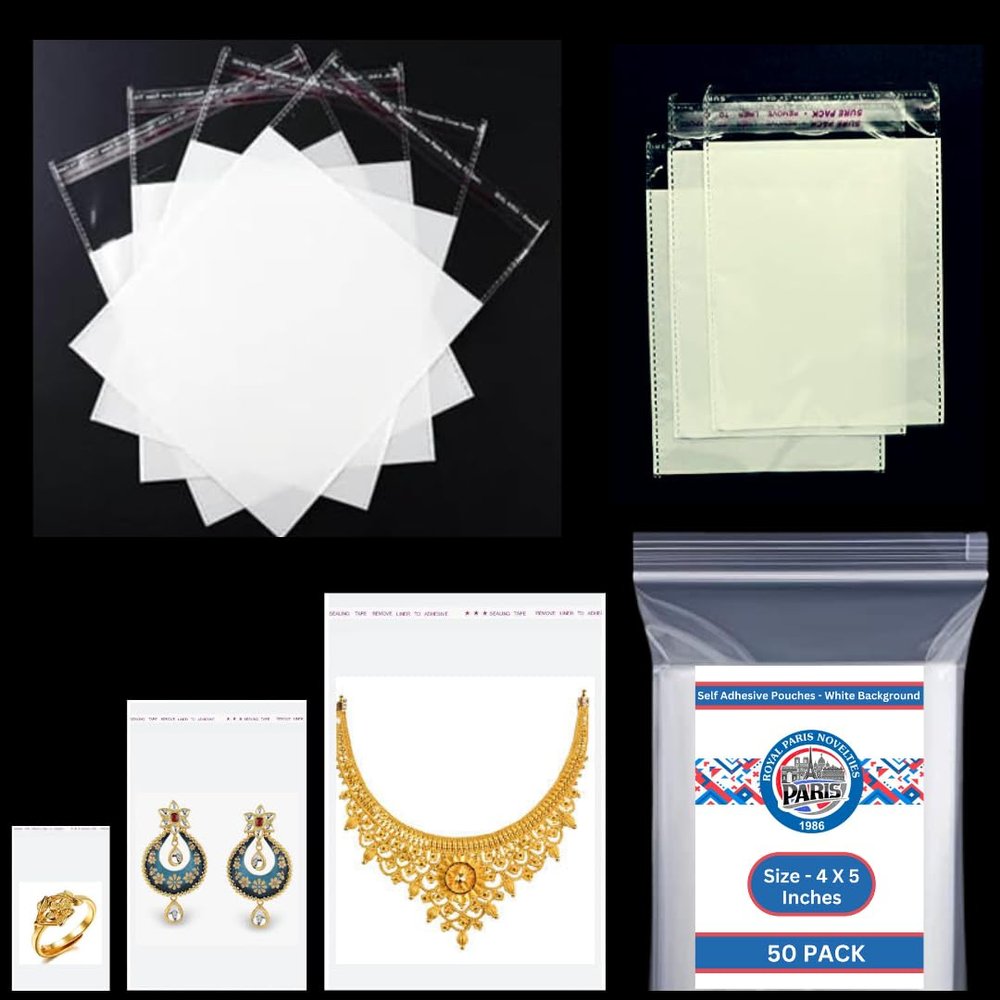 ROYAL PARIS Self Adhesive Resealable Pouch (50 Pouches - 4X5 Inches) White Background Plastic/Polythene BOPP,Seal King Bag,Cellophane bags | Pouches for Jewelry,Packing,Storage (4x5 Inches)