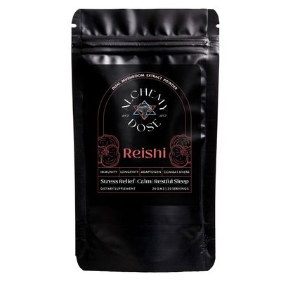 Alchemy Dose - Reishi Mushroom Extract Powder - Premium 100% Pure Ganoderma Supplement for Immune Support, Stress Relief, and Longevity ,Packagaing Type: Biophotonic UV Jar ,Size: 30 Servings ( FREE : 15 gm Dose Bag with Biophotonic UV Jar )