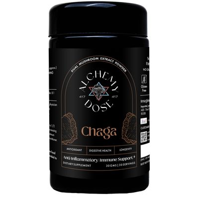 Alchemy Dose - Chaga Mushroom Extract Powder - Premium 100% Pure Mushroom Supplement for Immune Support, Antioxidant Boost, and Vitality ,Packagaing Type: Biophotonic UV Jar ,Size: 30 Servings ( FREE : 15 gm Dose Bag with Biophotonic UV Jar )