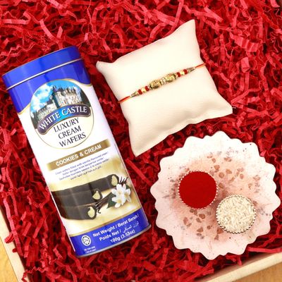 SFU E Com Traditional Rakhi with Gourmet Chocolate Selection Gift Set | White Castle Chocolates With Rakhi | Rakhi Chocolate For Brother | 44