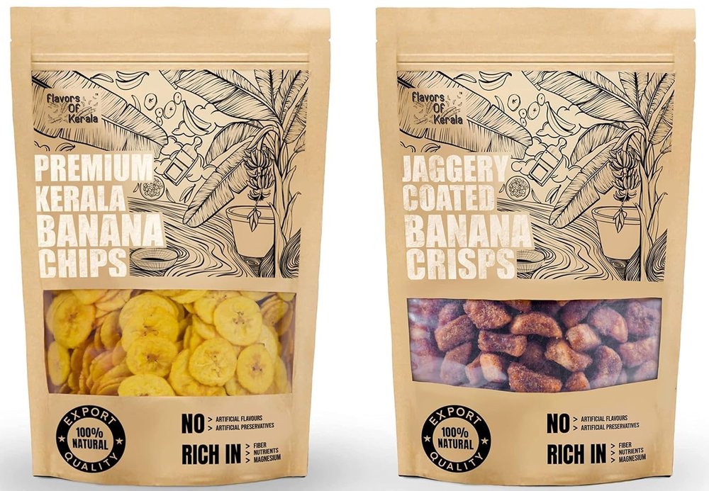 FLAVORS OF KERALA (FOK) - Onam Special Combo | Kerala Banana Chips In Coconut Oil (300 GM) & Jaggery Coated Banana Chips (Sharkara Upperi) (300 GM) |
