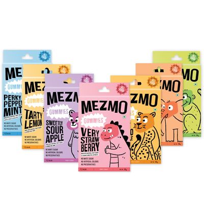 MEZMO soft jelly healthy n yummy candy with natural fruit sugar 252gms 84jellies (Pack of 7) - Very Strawberry,Tangelo Orange,Tarty Lemon,Mango,Apple,Raw mango,Peppermint