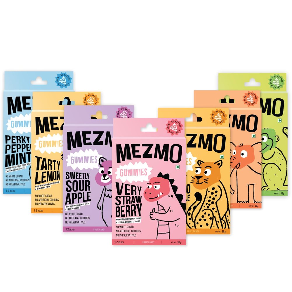 MEZMO soft jelly healthy n yummy candy with natural fruit sugar 252gms 84jellies (Pack of 7) - Very Strawberry,Tangelo Orange,Tarty Lemon,Mango,Apple,Raw mango,Peppermint